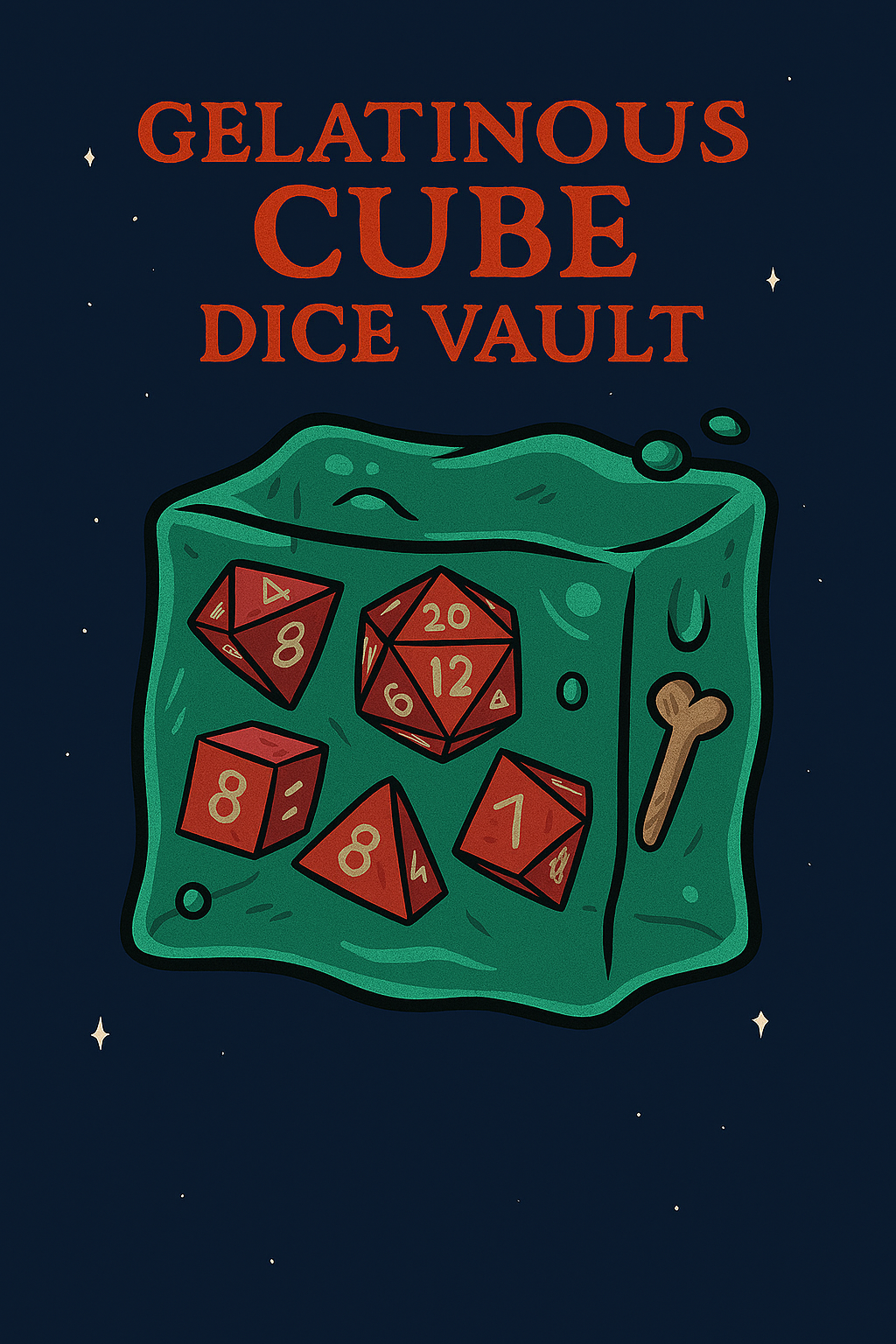 A translucent green cube with suspended dice inside, surrounded by faint magical glow and slime trails, floating against a shadowy backdrop