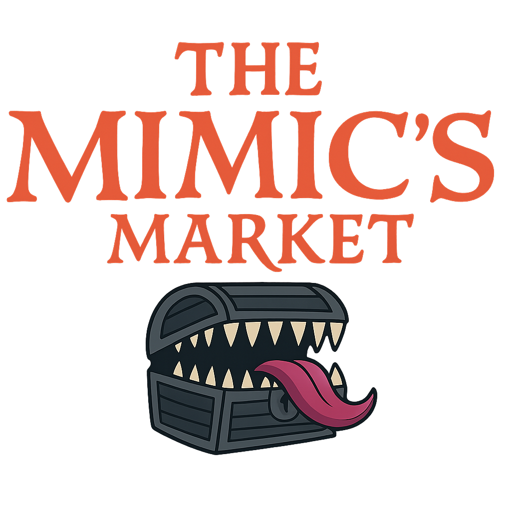 Mimic's Makert Logo: Orange text saying Mimic's Market and a cartoon chest that is partially open with sharp teeth and a long tongue that sticking out