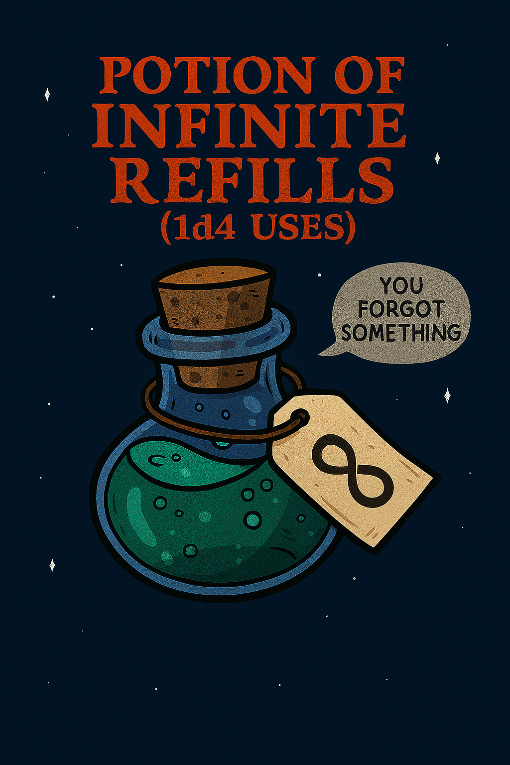 A glowing teal potion bottle with swirling liquid inside, labeled with a cryptic “1d4 uses,” resting on a stone shelf with arcane symbols.