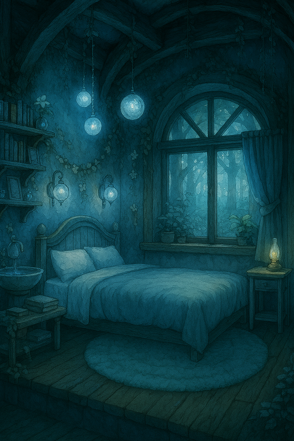 A misty, blue-toned loft bedroom with hanging crystal lights, a skylight, and a fountain built into the wall.