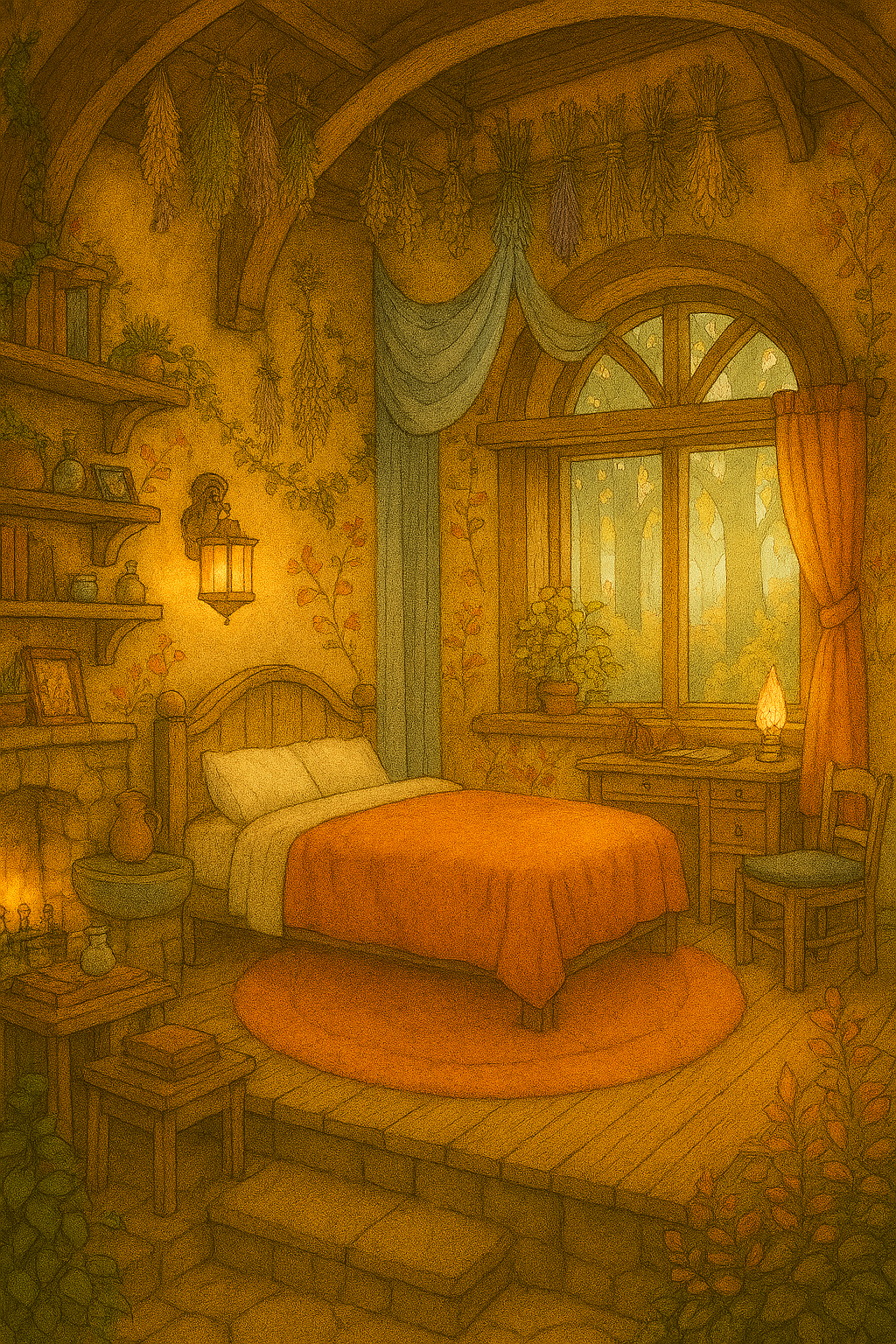 A scholarly, autumn-hued room with an orange bedspread, a crackling fireplace, and botanical wall designs under golden afternoon light