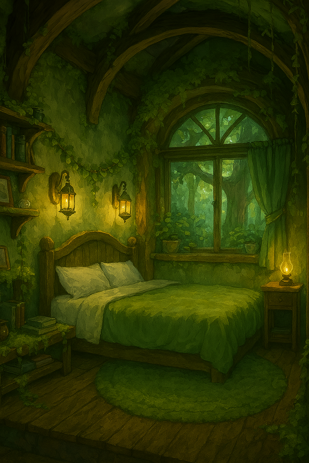 A cozy forest-themed bedroom with moss-covered stone walls, green bedding, and an arched window overlooking lush greenery.