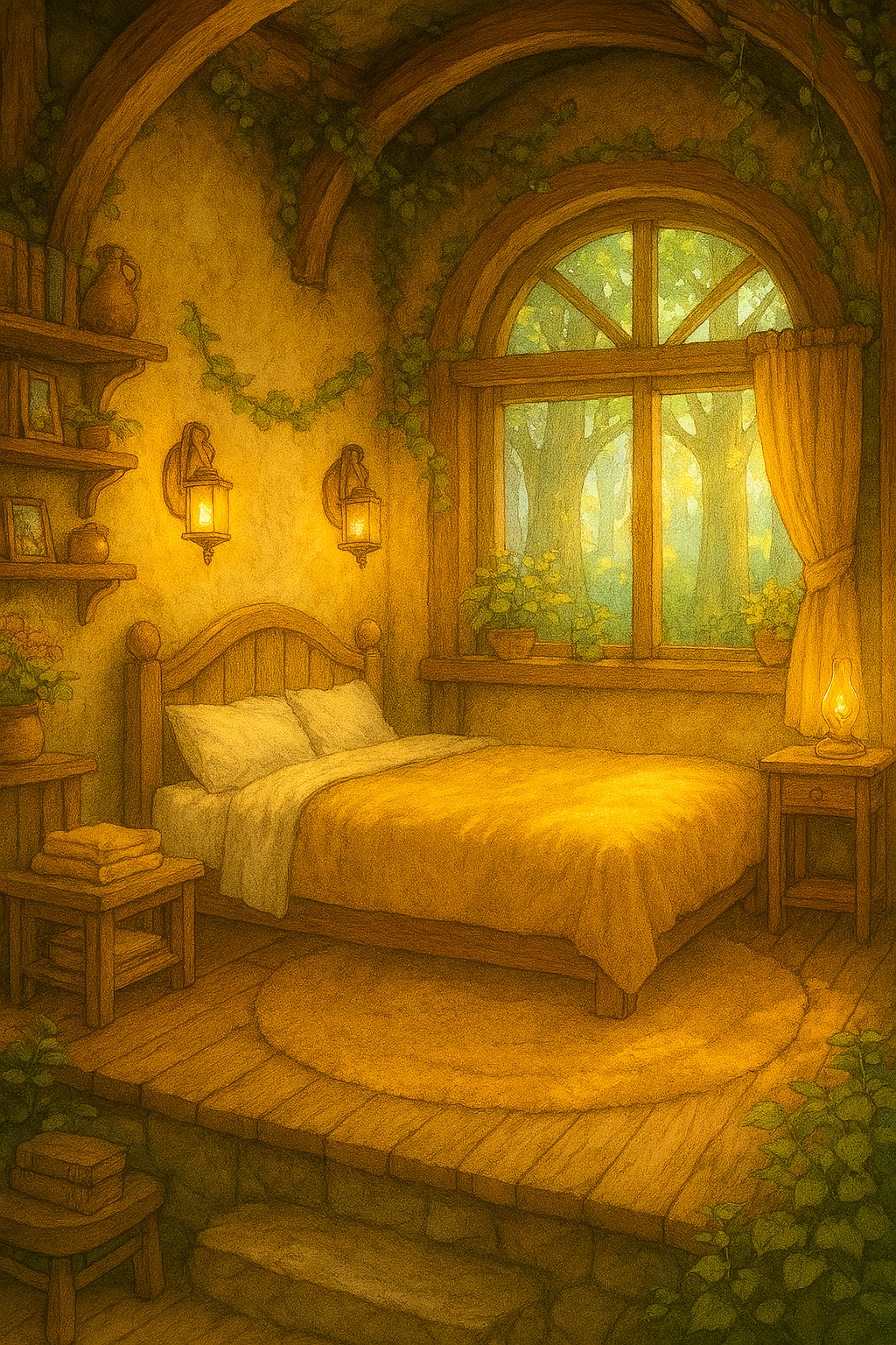 A warm, rustic room with golden bedding, dried herbs hanging from wooden beams, and sunlight streaming through a garden-facing window.