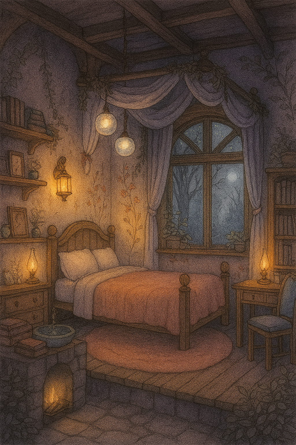 A tranquil, moonlit bedroom with lavender walls, sheer bed curtains, glowing lanterns, and a view of a misty forest under a starry sky.