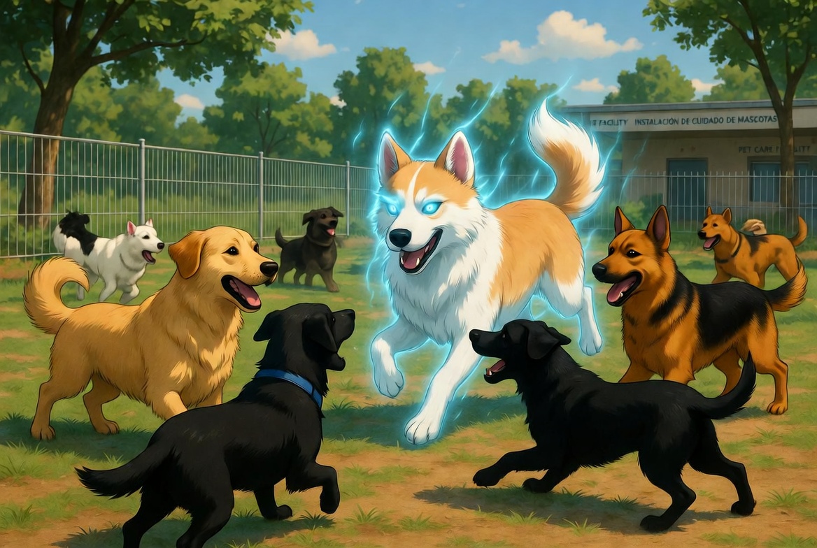 Group of dogs playing in a sunny fenced yard, with a glowing blue-eyed husky surrounded by blue energy near a bilingual pet care facility sign