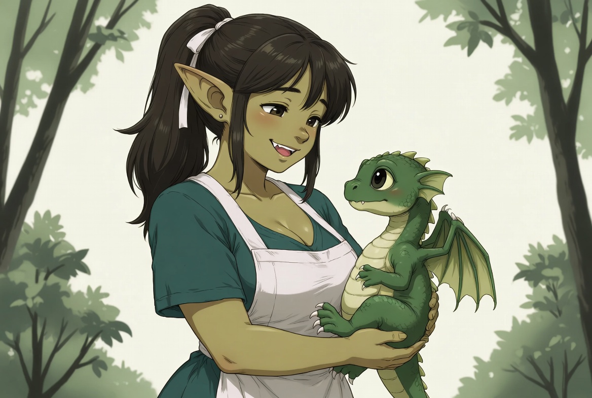 Fantasy forest scene with green-skinned woman in apron holding a baby dragon, surrounded by stylized trees and foliage