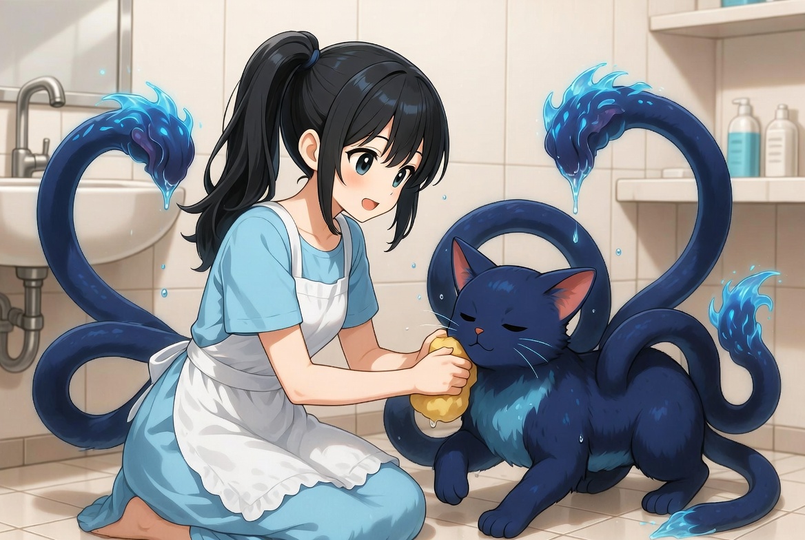 Girl in blue dress washing a fantastical blue cat-like creature with water-dragon tails in a tiled bathroom