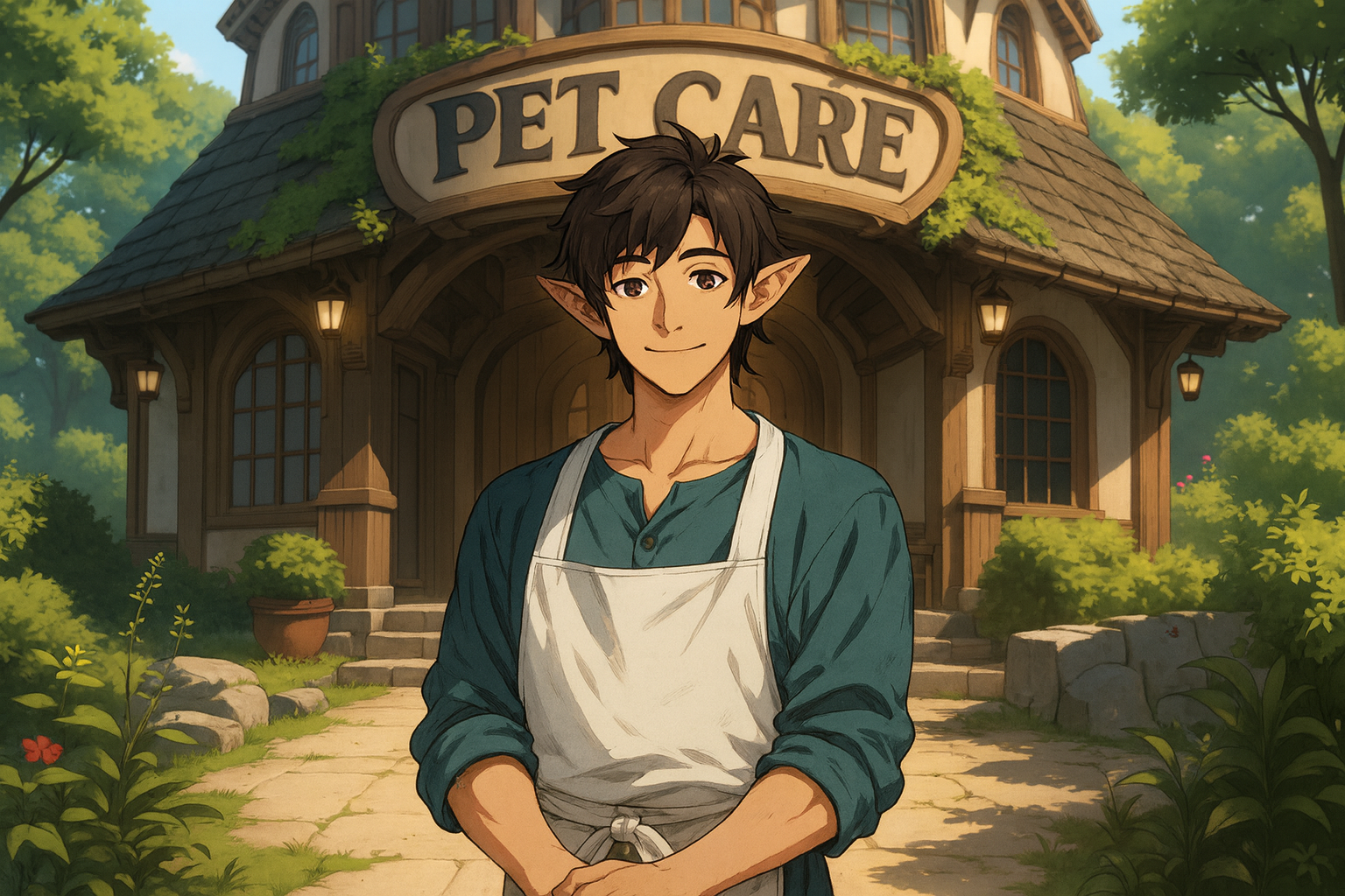 Fantasy elf-like character in apron standing outside a rustic pet care building surrounded by greenery